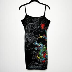 Ed Hardy Vintage Mesh Mini Dress in Black Tattoo Dragon Print Size Large